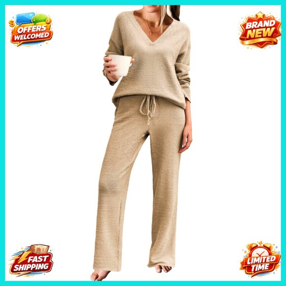 Fuzzy Fleece Pajama Set Long Sleeve Lounge Wear Cozy Chic Sleepwear